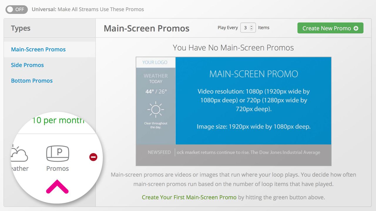 The promos screen helps you manage which promos appear on your VMcast.