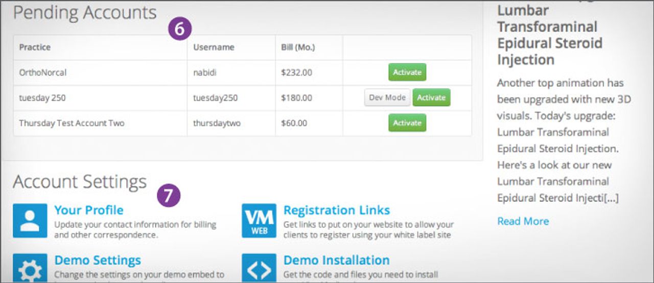 The reseller dashboard allos you to view pending accounts and change profile settings.