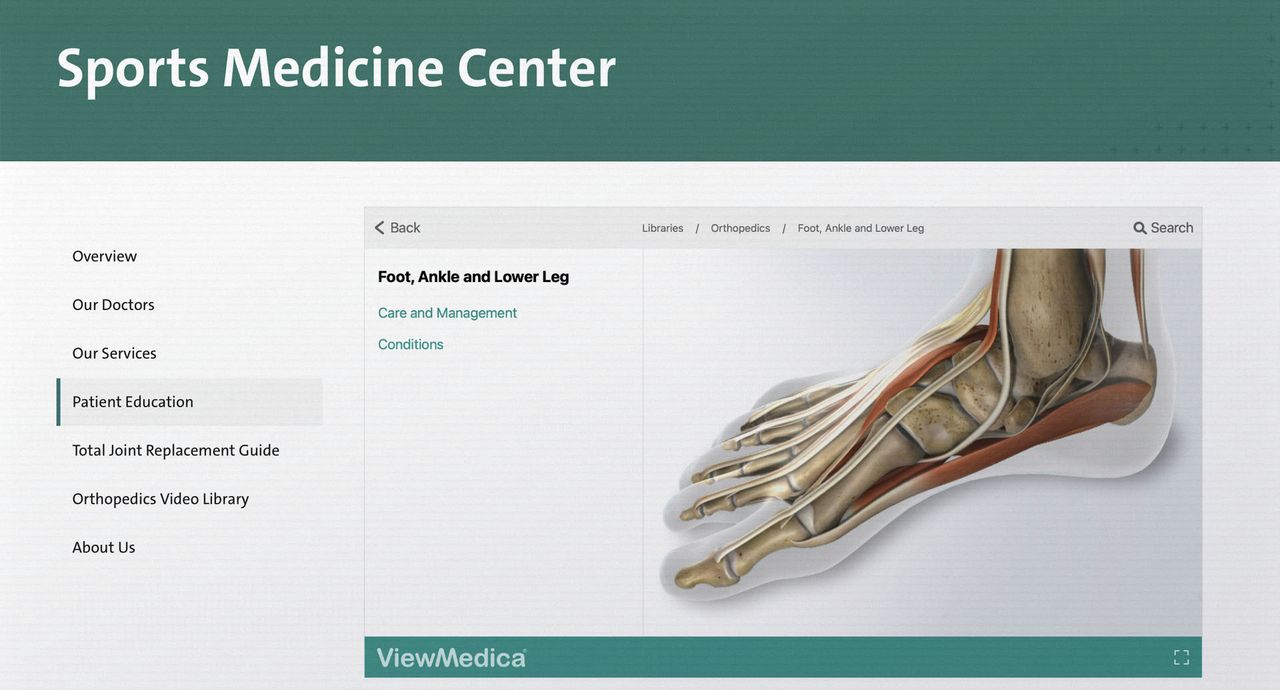 A website shows a ViewMedica embed under the patient education tab.